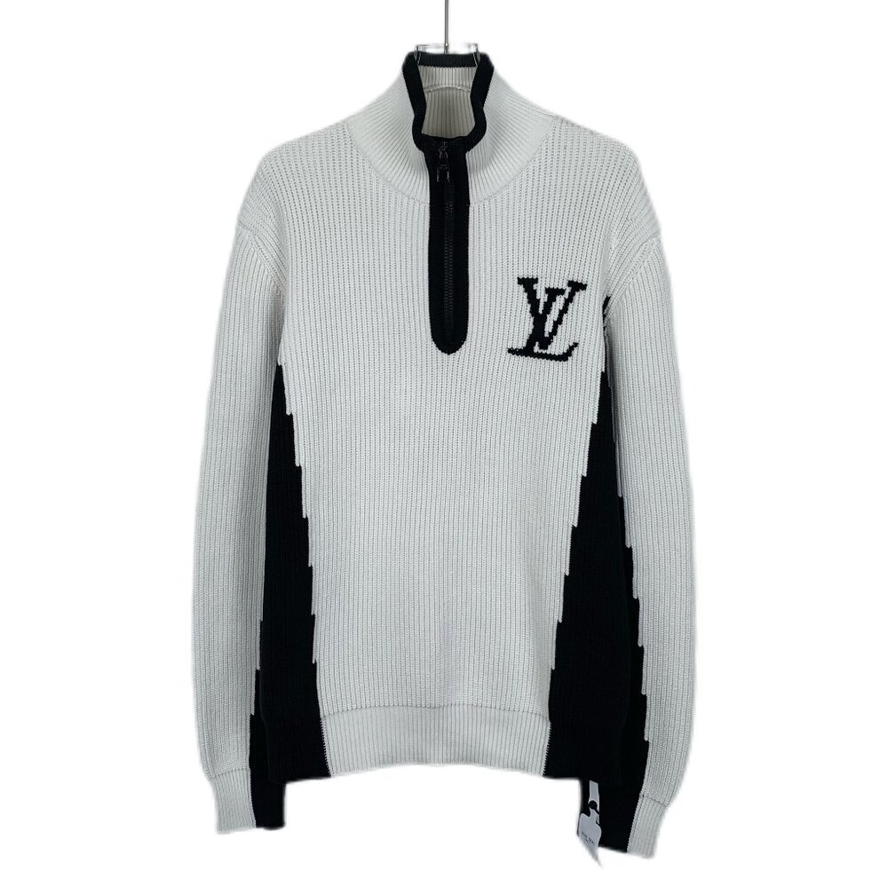 CM0174 Louis Vuitton White Logo Embroidered Half-Zip Knit Sweater
